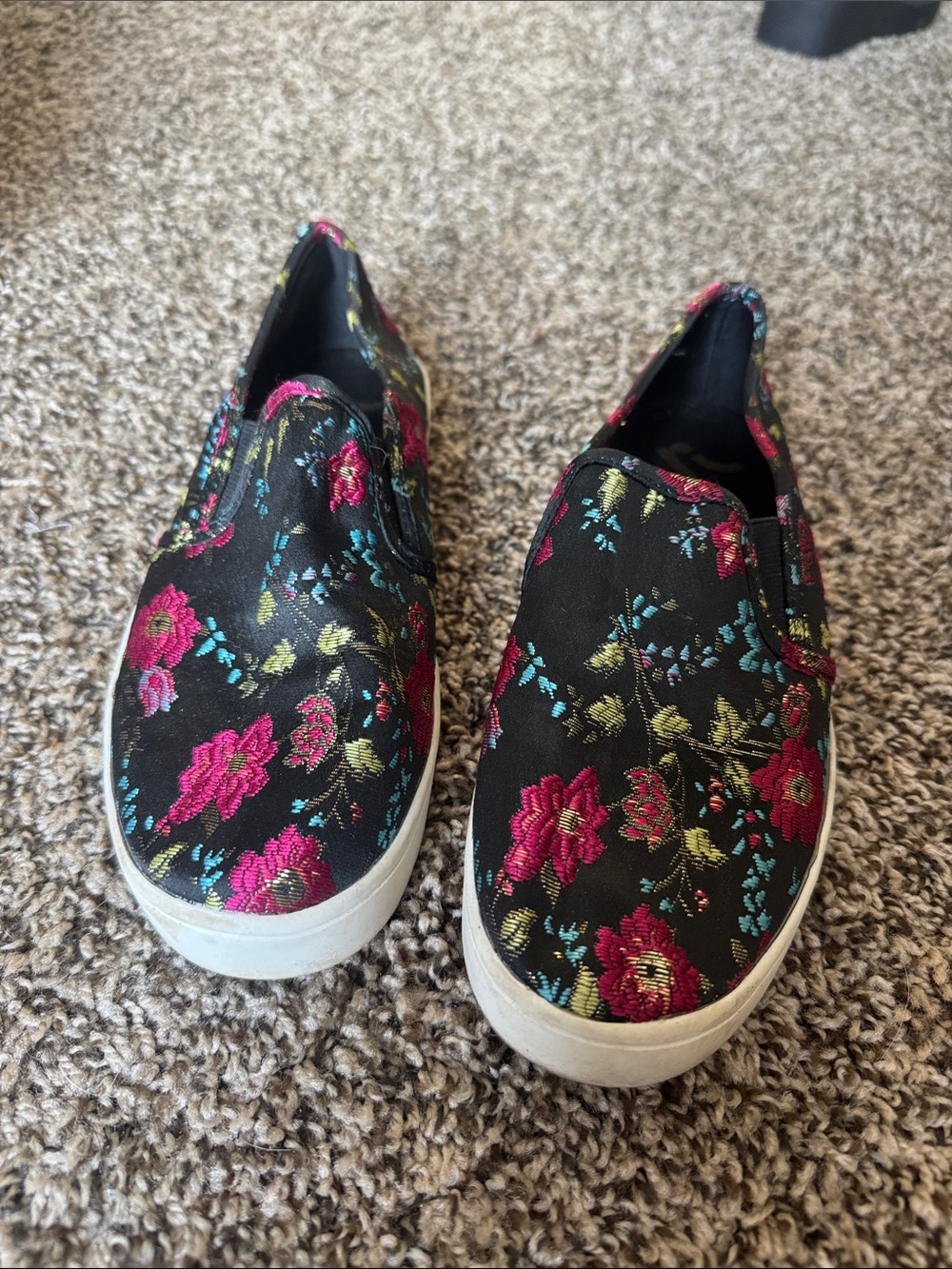 Report Black Floral Slip-On Flats with Pink and Teal Embroidery
